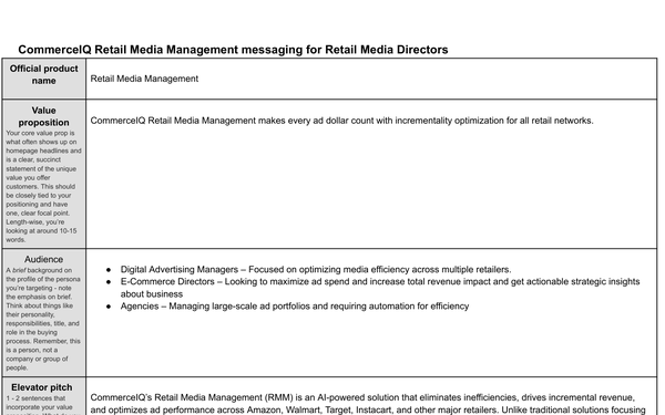 Retail media messaging framework, value pillars positioning by Dane Tomalin