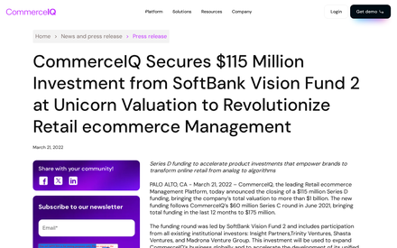 CommerceIQ Series D funding announcement, SoftBank unicorn valuation